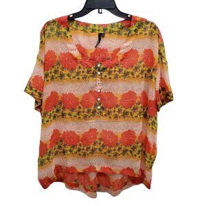 O'Neill Women's Orange Multi Boho Mixed Media Semi Sheer High-Low Top Size M